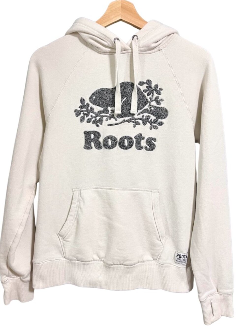 Roots Ivory White w Grey Beaver Logo Slim Fit Pullover Hoodie Sweater – XS